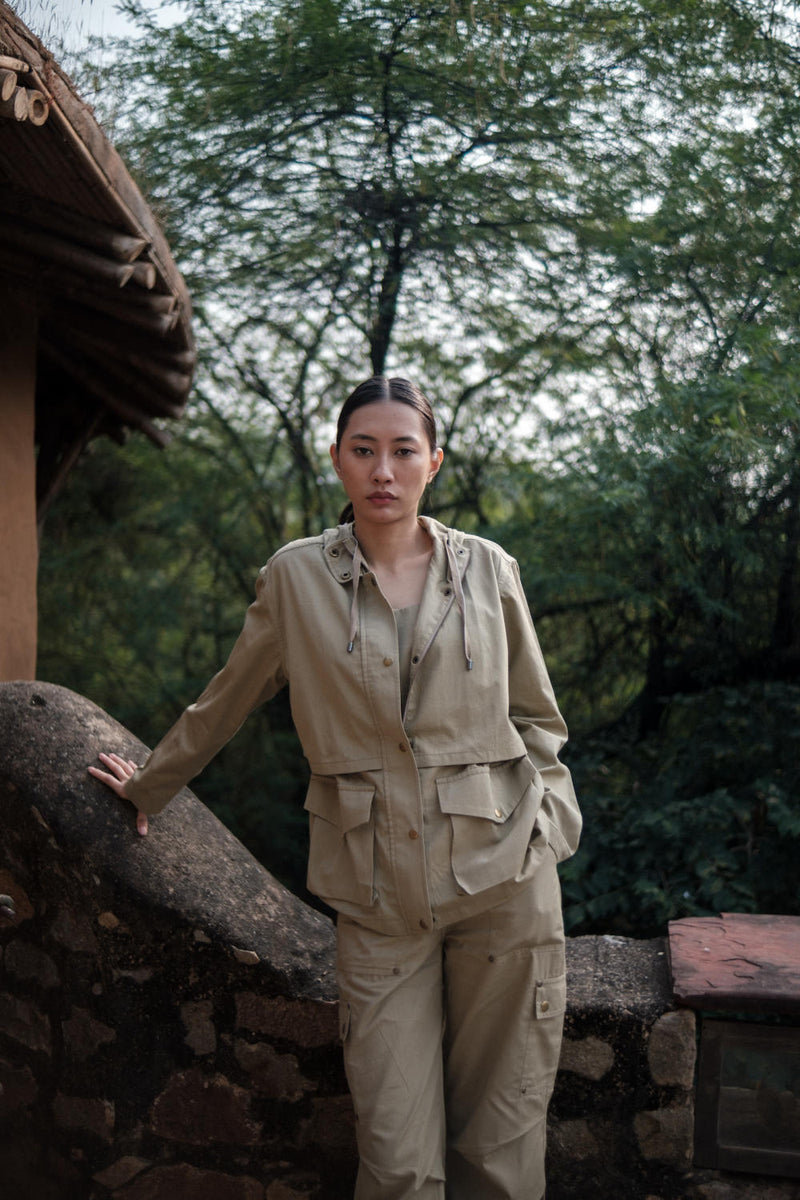 Kyoto Utility Jacket-Khaki cotton by The Terra Tribe for women Worldwide