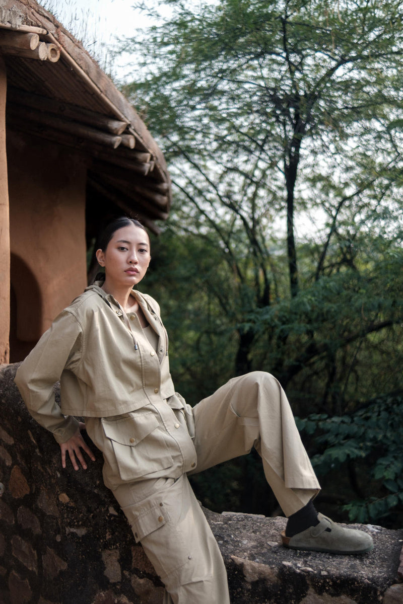 Kyoto Utility Jacket-Khaki cotton by The Terra Tribe for women Worldwide