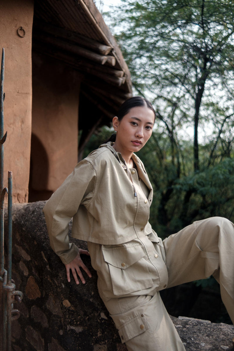 Kyoto Utility Jacket-Khaki cotton by The Terra Tribe for women Worldwide