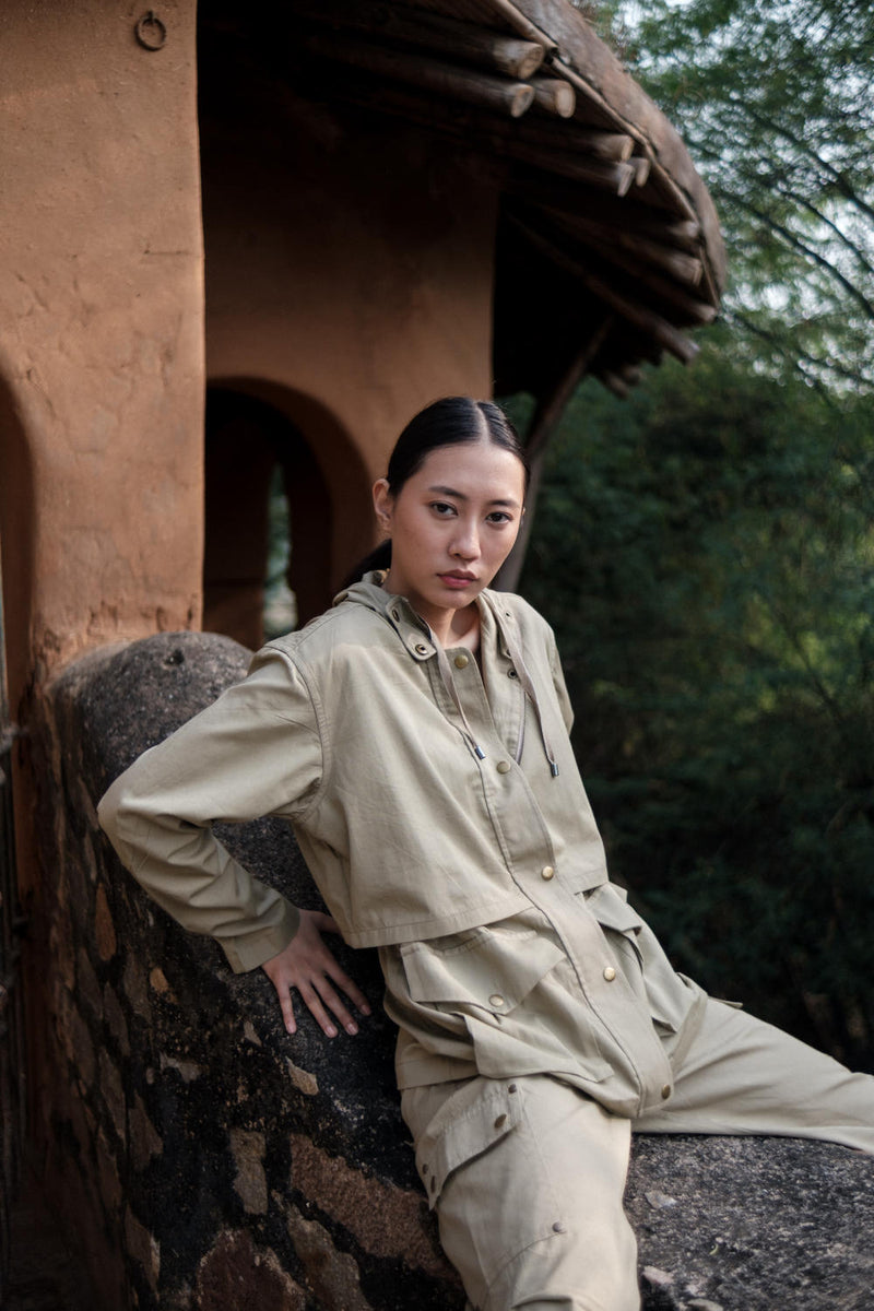 Kyoto Utility Jacket-Khaki cotton by The Terra Tribe for women Worldwide