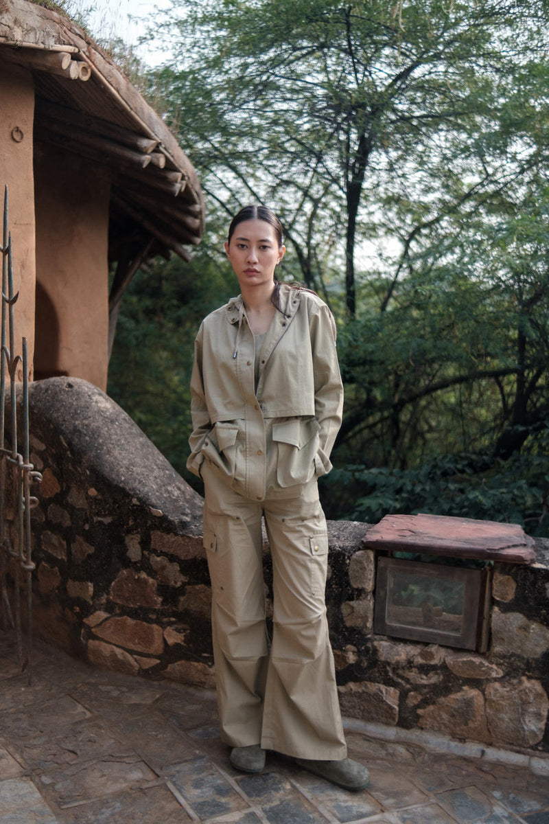 Kyoto Utility Jacket-Khaki cotton by The Terra Tribe for women Worldwide