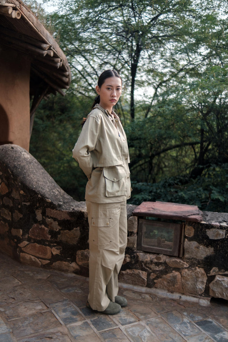 Kyoto Utility Jacket-Khaki cotton by The Terra Tribe for women Worldwide
