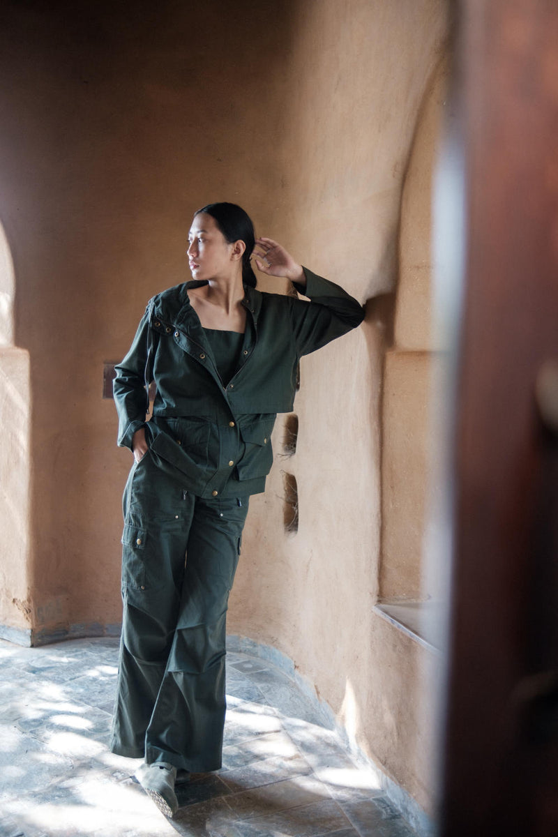 Kyoto Utility Jacket-Deep Green cotton by The Terra Tribe in green color for women Worldwide