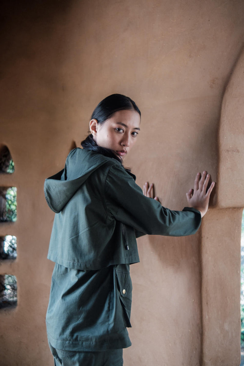 Kyoto Utility Jacket-Deep Green cotton by The Terra Tribe in green color for women Worldwide