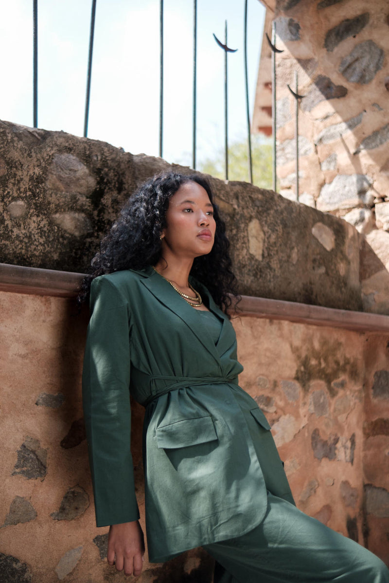 Cambridge Blazer-Deep Green cotton by The Terra Tribe in green color for women Worldwide