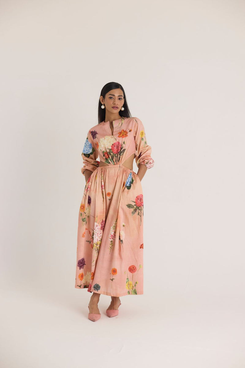 BUTTERCUP BOTH SIDE CUT DRESS satin by Yam in peach color for women Worldwide