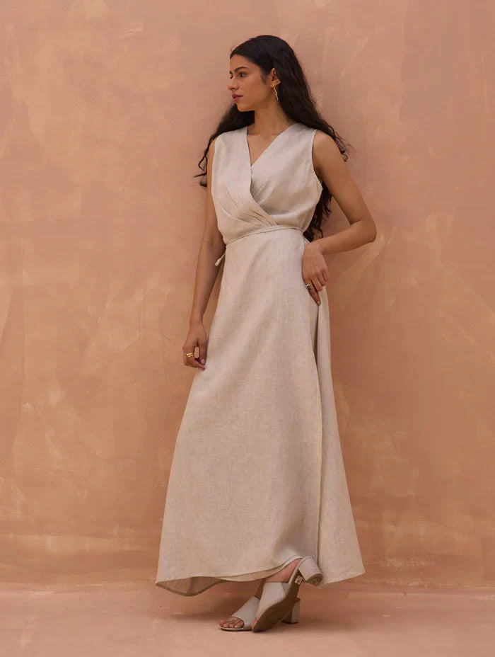 Maya Linen Wrap Dress - Off White by Manan in charcoal color for women Worldwide