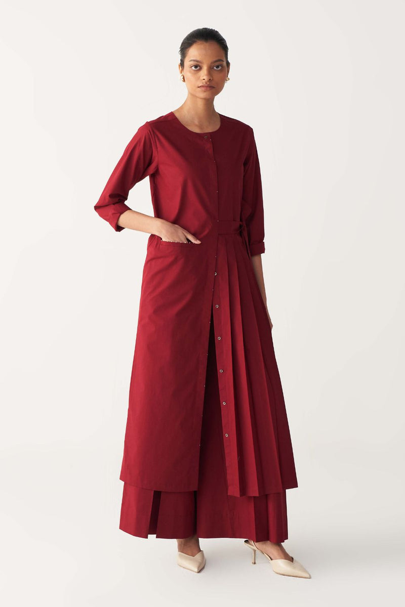 FRONT PLEAT TUNIC-MADDER RED poplin by THREE in red color for women Worldwide