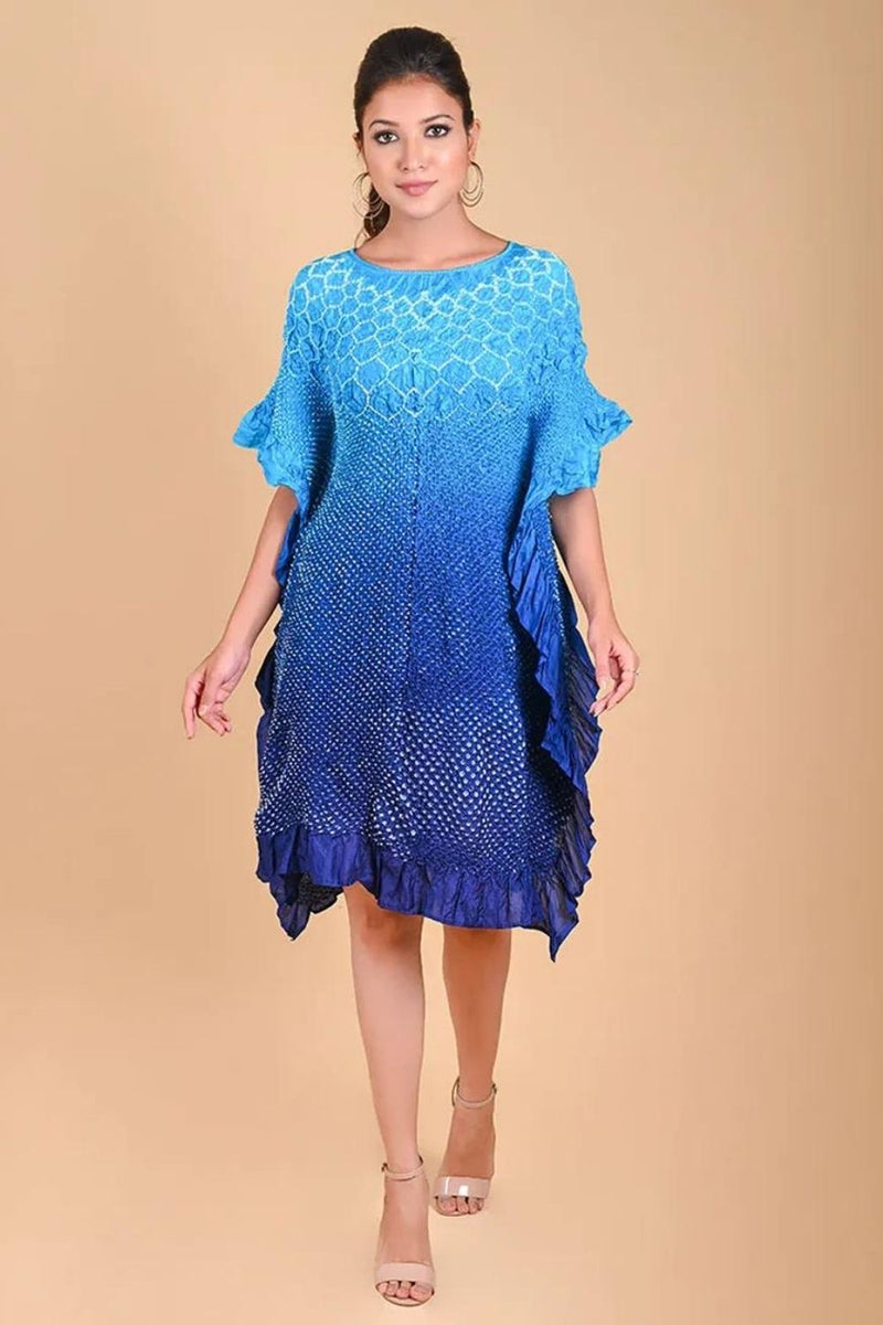SUNFLOWER KAFTAN-TURQUOISE TO INDIGO SHADED silk by Dyelogue in multi color for women Worldwide