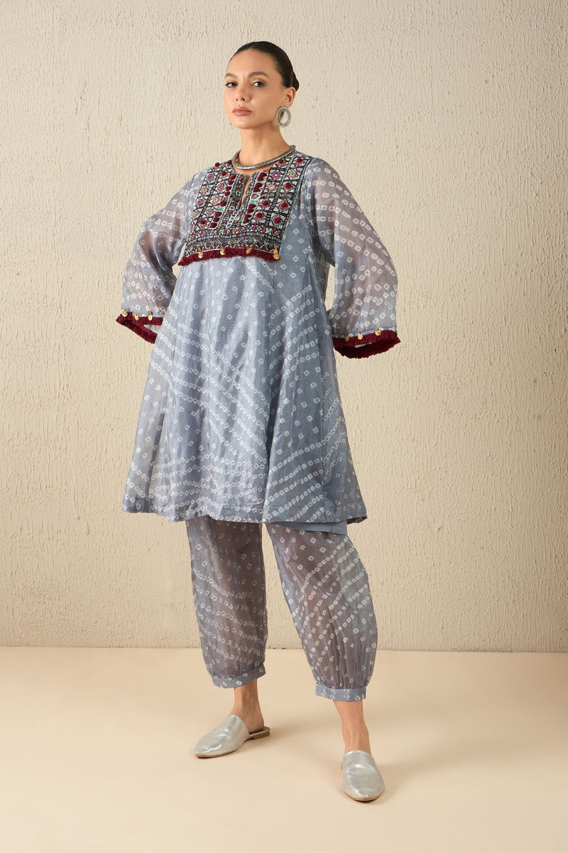 AFGHANI BANDHANI SET - Light Grey silk by Aavidi in yellow color for women Worldwide