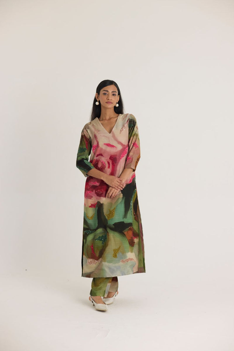 TILLY EMROIDERED LONG V NECK KURTA SET mul by Yam in multi color for women Worldwide