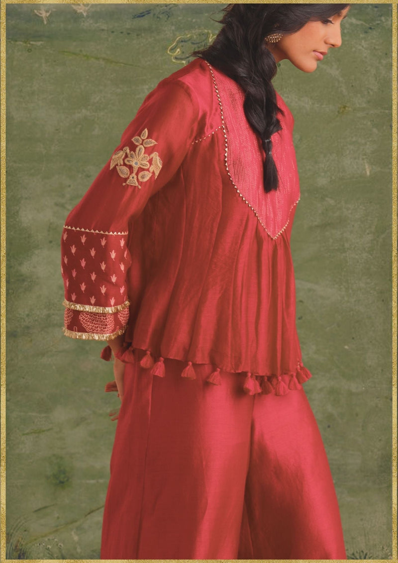 Gulal Top & Palazzo chanderi by Myoho in red color for women Worldwide