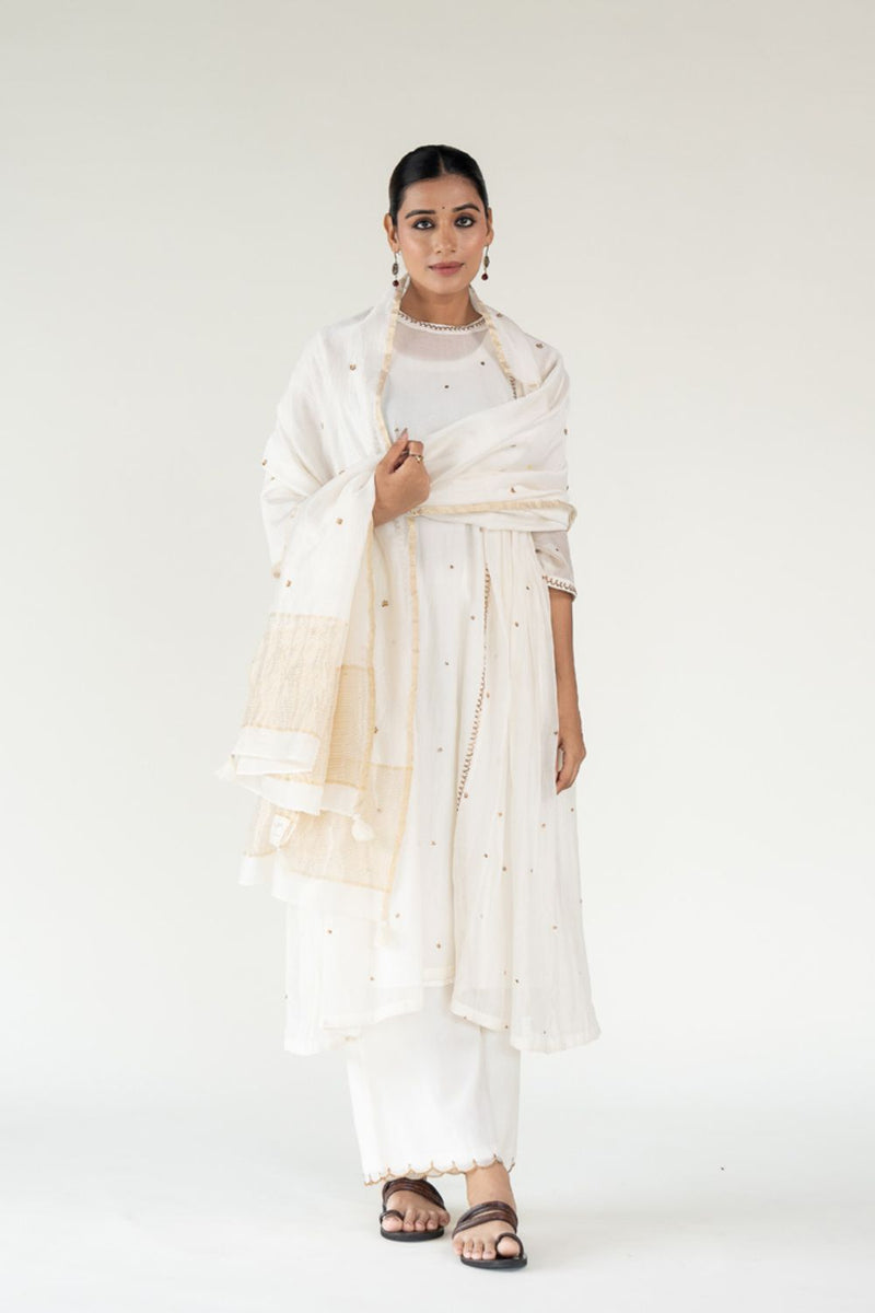 Baadal Kurta Set 
with Ayra Odhani-Ivory chanderi by Nirjara in ivory color for women Worldwide