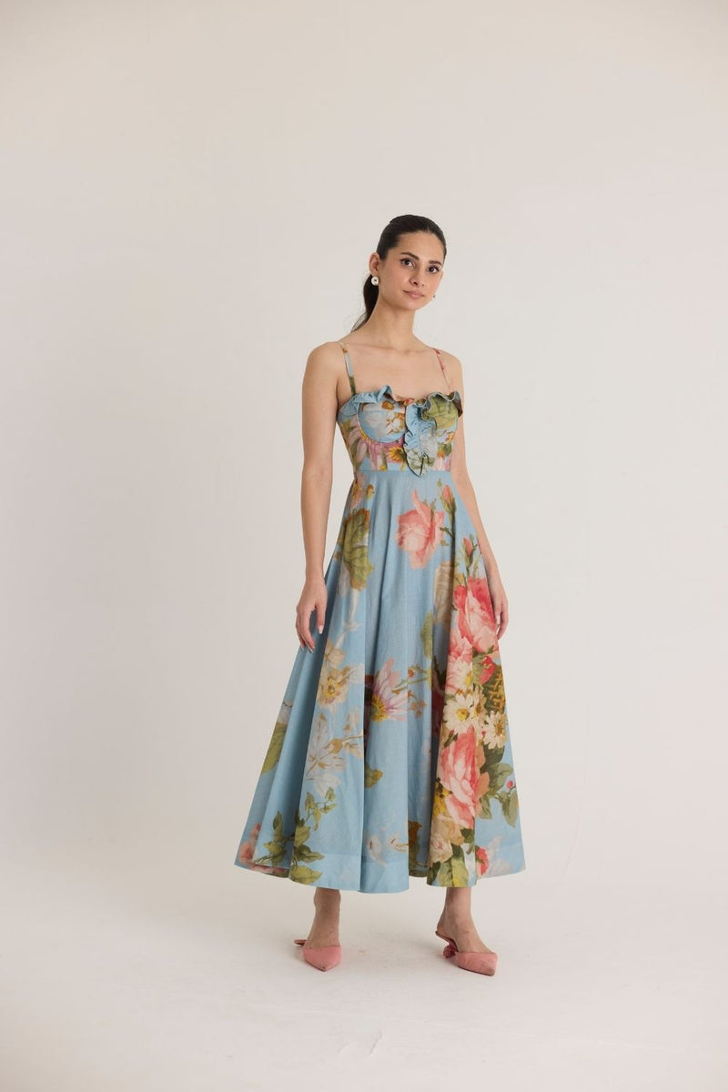 TAFFY COTTON FRILLS DRESS cotton by Yam in blue color for women Worldwide