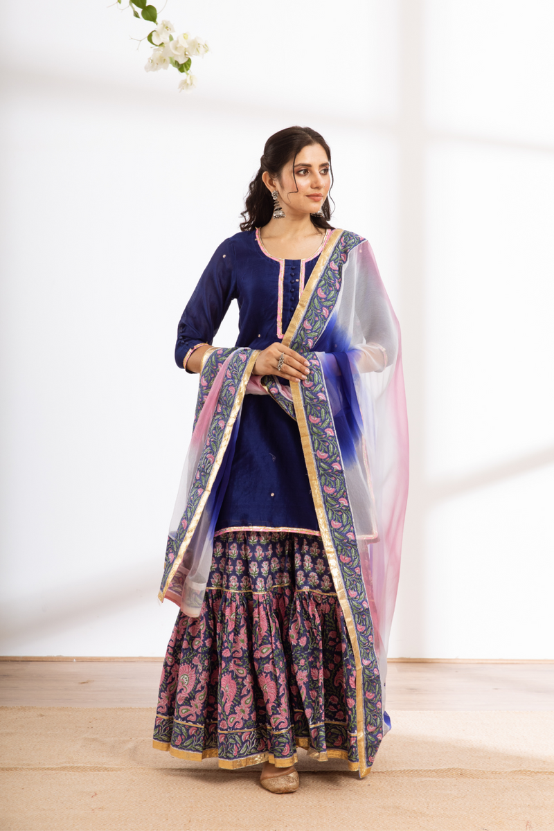 Rasika Neela Sharara Set - blue hand block printed chanderi sharara set chanderi by Maison Shefali in blue color for women Worldwide