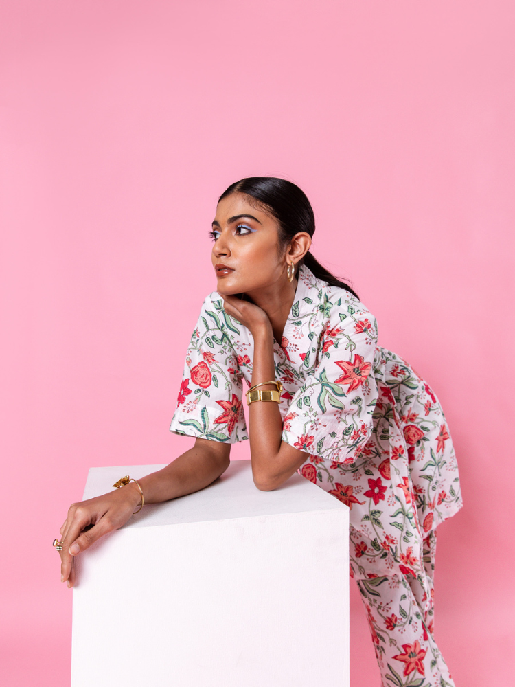 Pink Dahlia Kimono Co-Ord Co-ord Set by Marche in white color for women Worldwide
