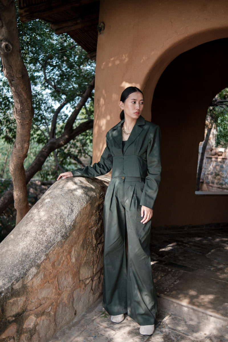 Milano Blazer-Deep Green cotton by The Terra Tribe in green color for women Worldwide