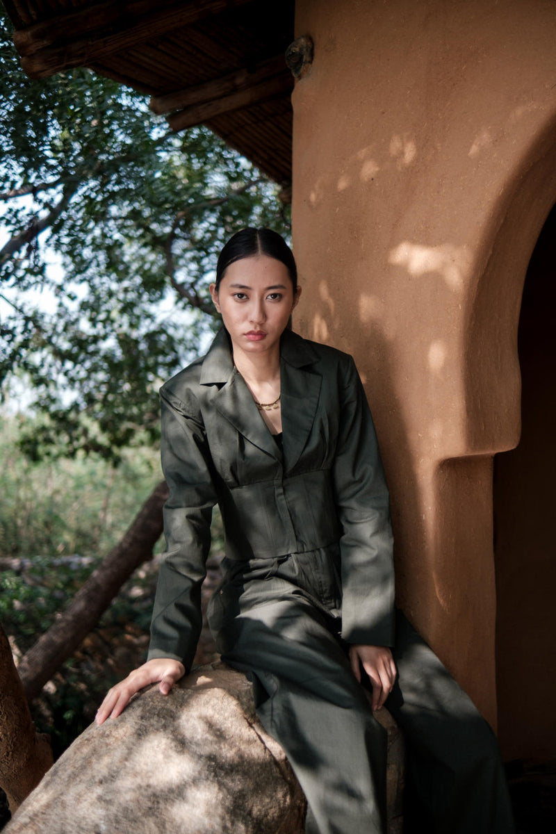 Milano Blazer-Deep Green cotton by The Terra Tribe in green color for women Worldwide