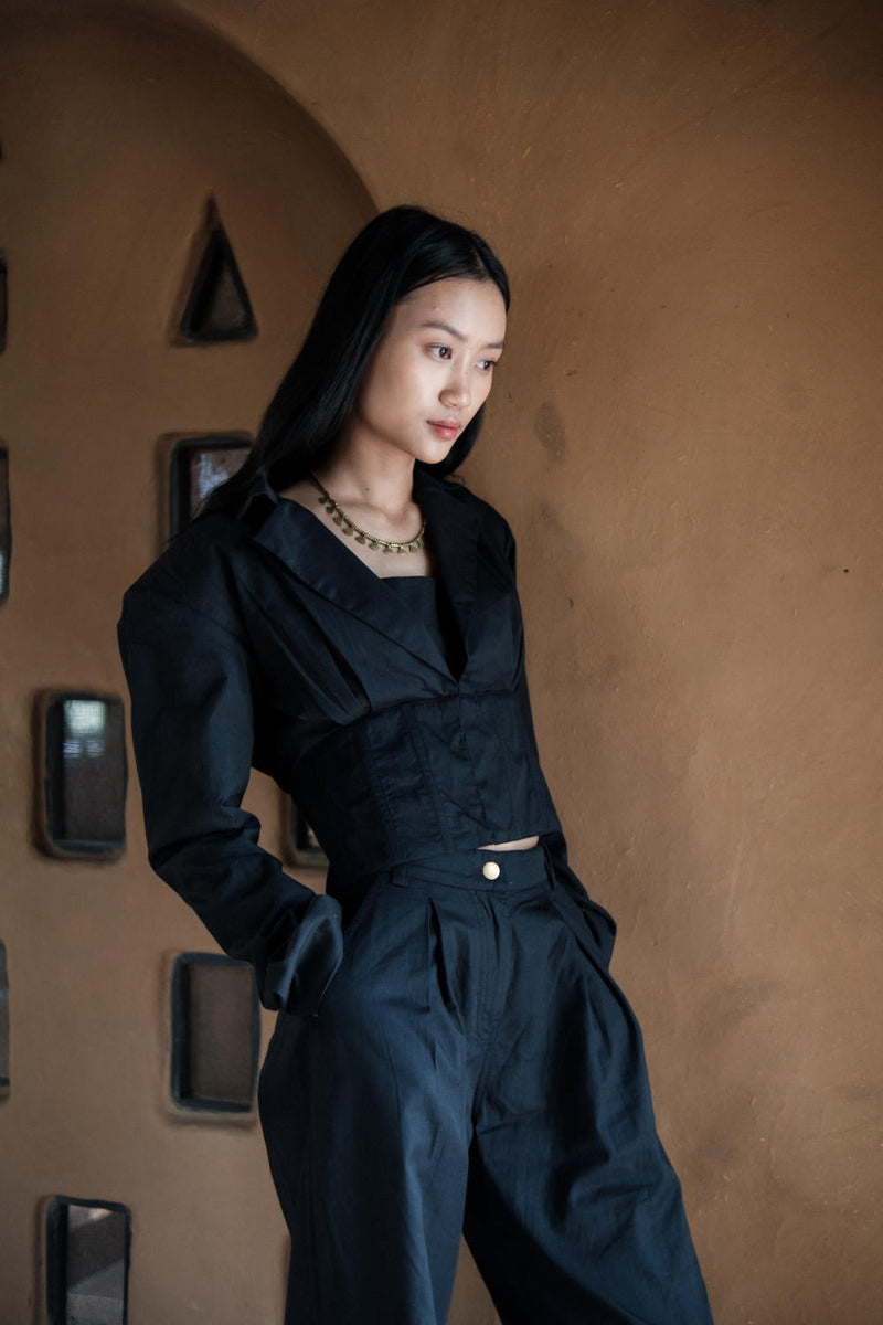 Milano Blazer-Black cotton by The Terra Tribe in black color for women Worldwide