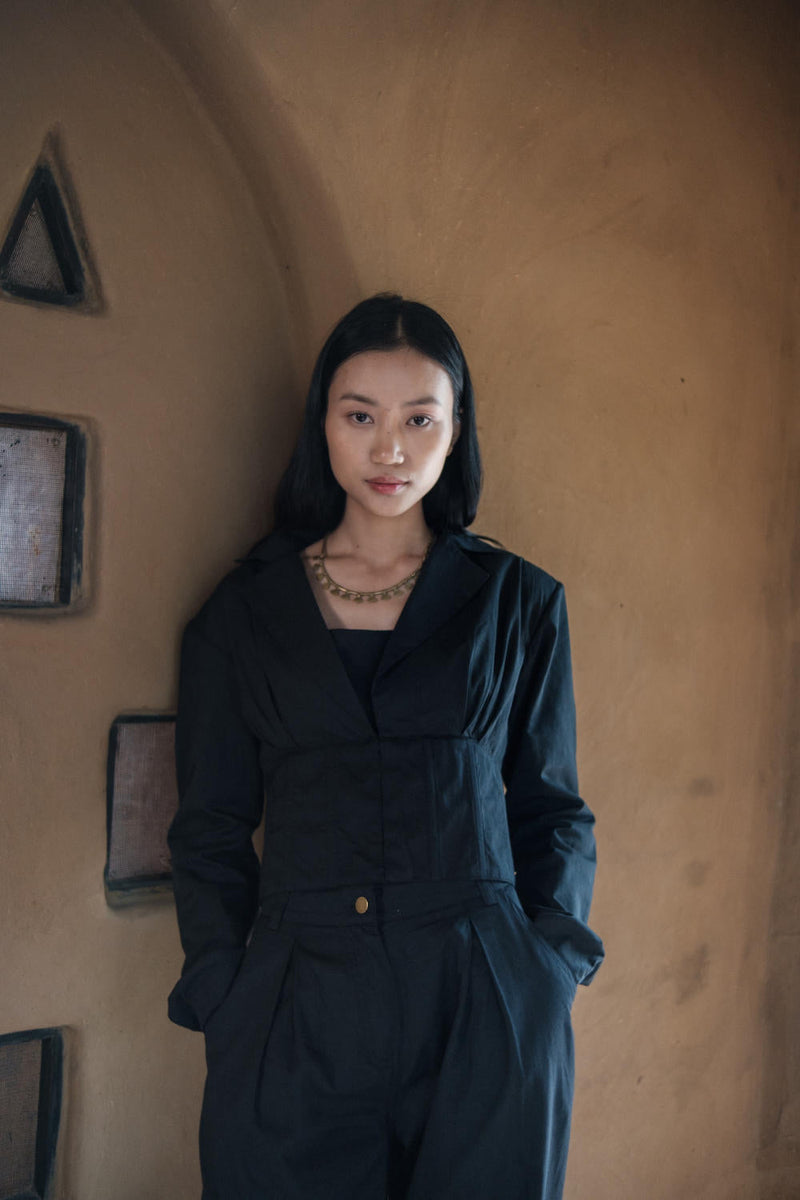Milano Blazer-Black cotton by The Terra Tribe in black color for women Worldwide