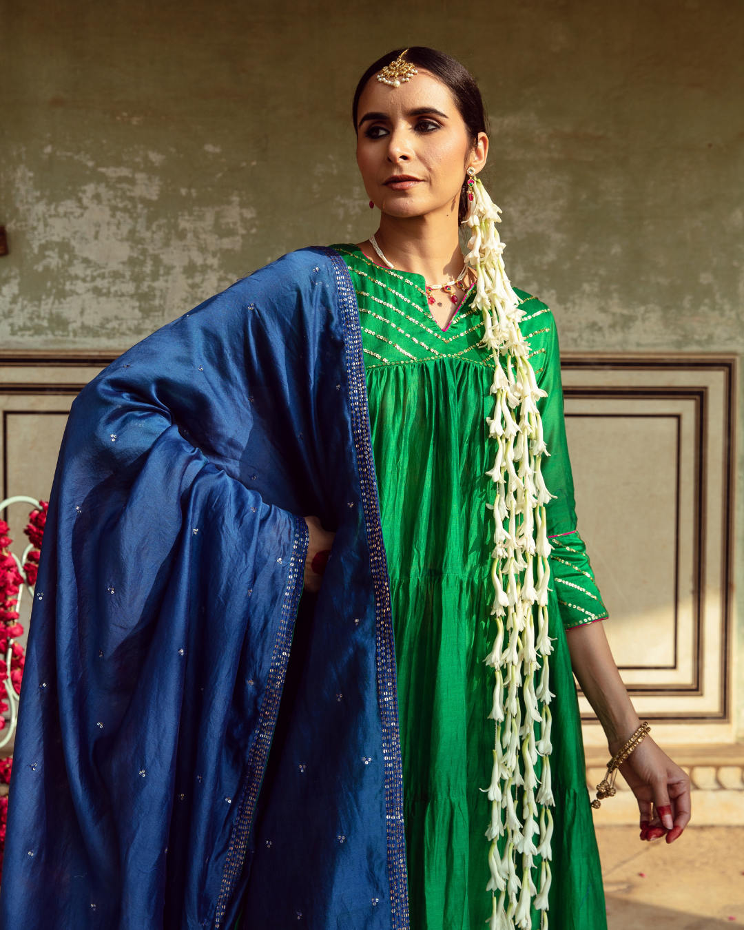 Green & Blue Chanderi Silk Embroidered Tiered Kurta Set