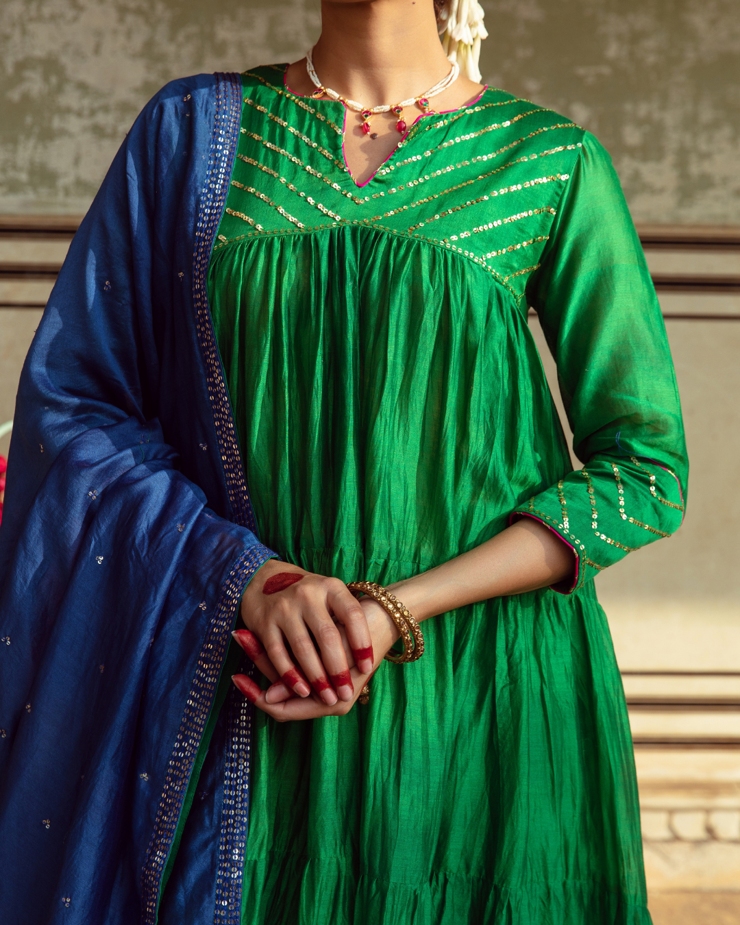 Green & Blue Chanderi Silk Embroidered Tiered Kurta Set