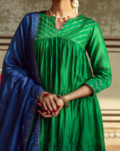 Green & Blue Chanderi Silk Embroidered Tiered Kurta Set