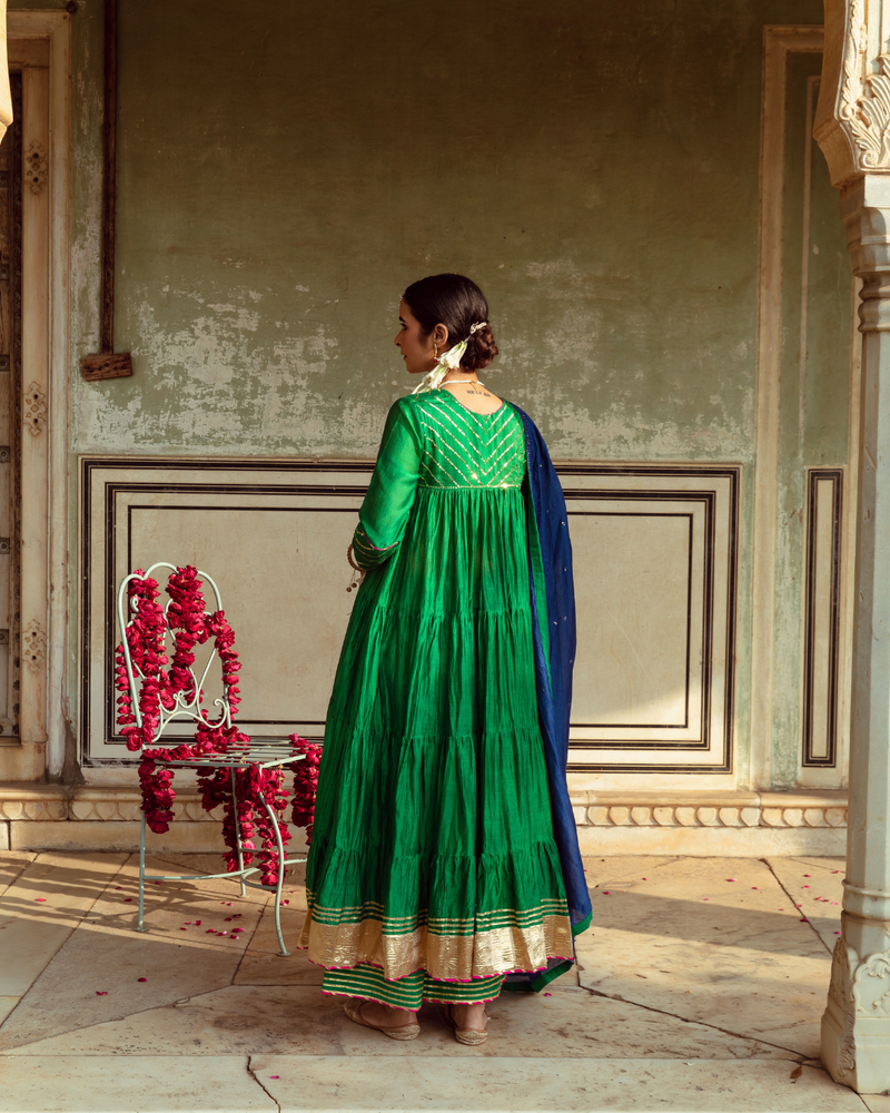 Green & Blue Chanderi Silk Embroidered Tiered Kurta Set silk by Maison Shefali in multi color for women Worldwide