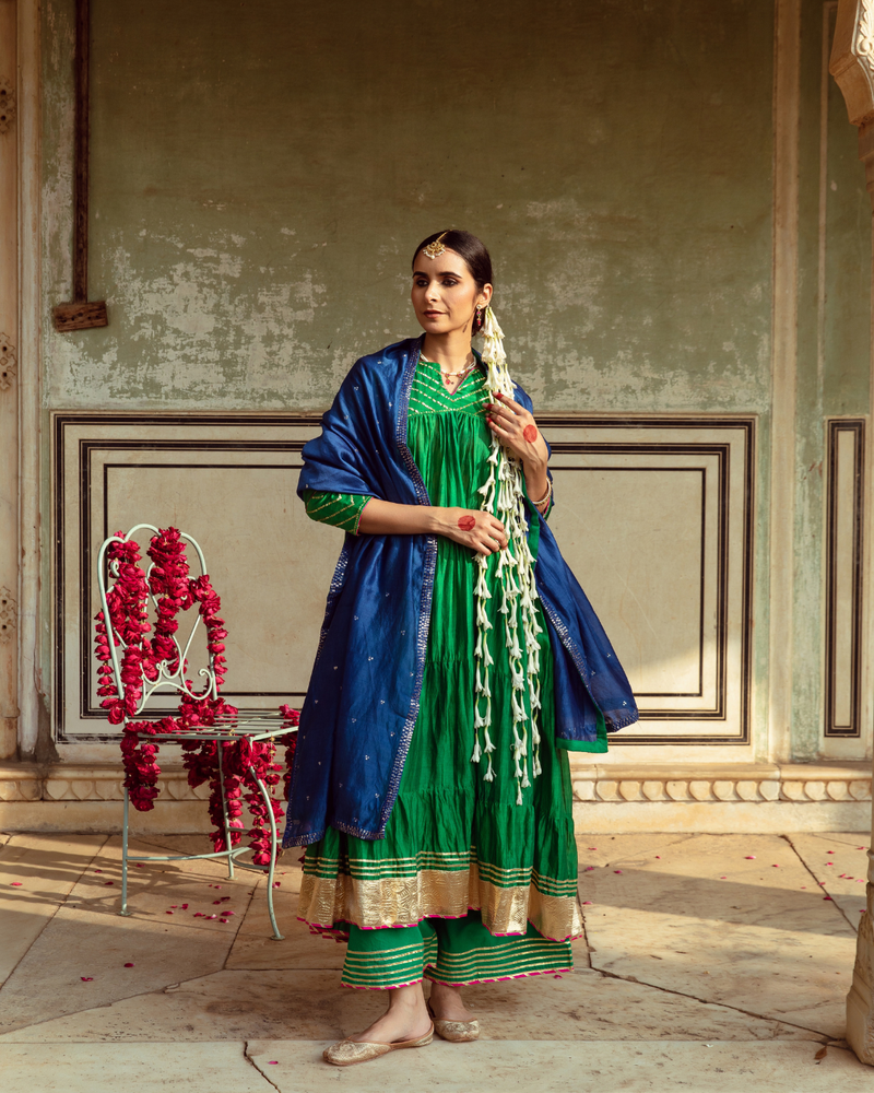 Green & Blue Chanderi Silk Embroidered Tiered Kurta Set silk by Maison Shefali in multi color for women Worldwide