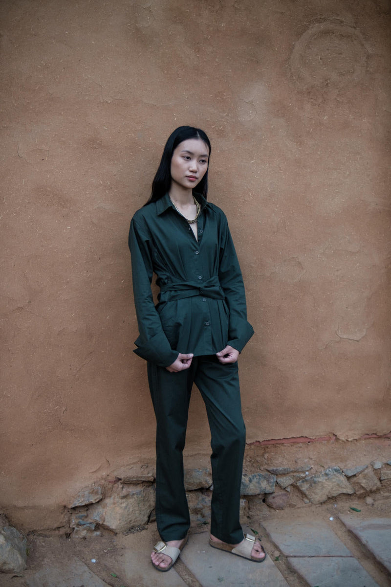 Sandra Straight Pants-Deep Green cotton by The Terra Tribe in green color for women Worldwide