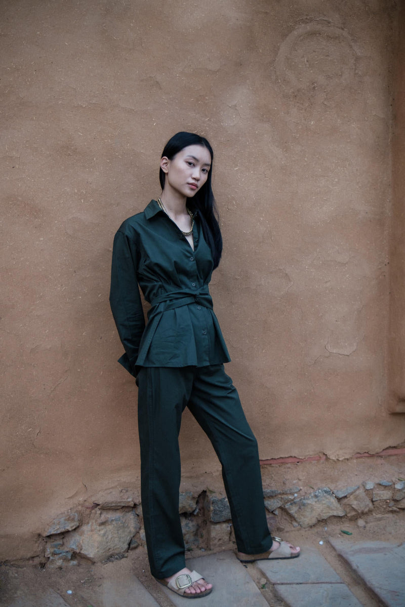 Sandra Straight Pants-Deep Green cotton by The Terra Tribe in green color for women Worldwide
