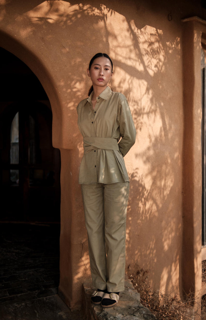 Sandra Straight Pants-Khaki cotton by The Terra Tribe for women Worldwide