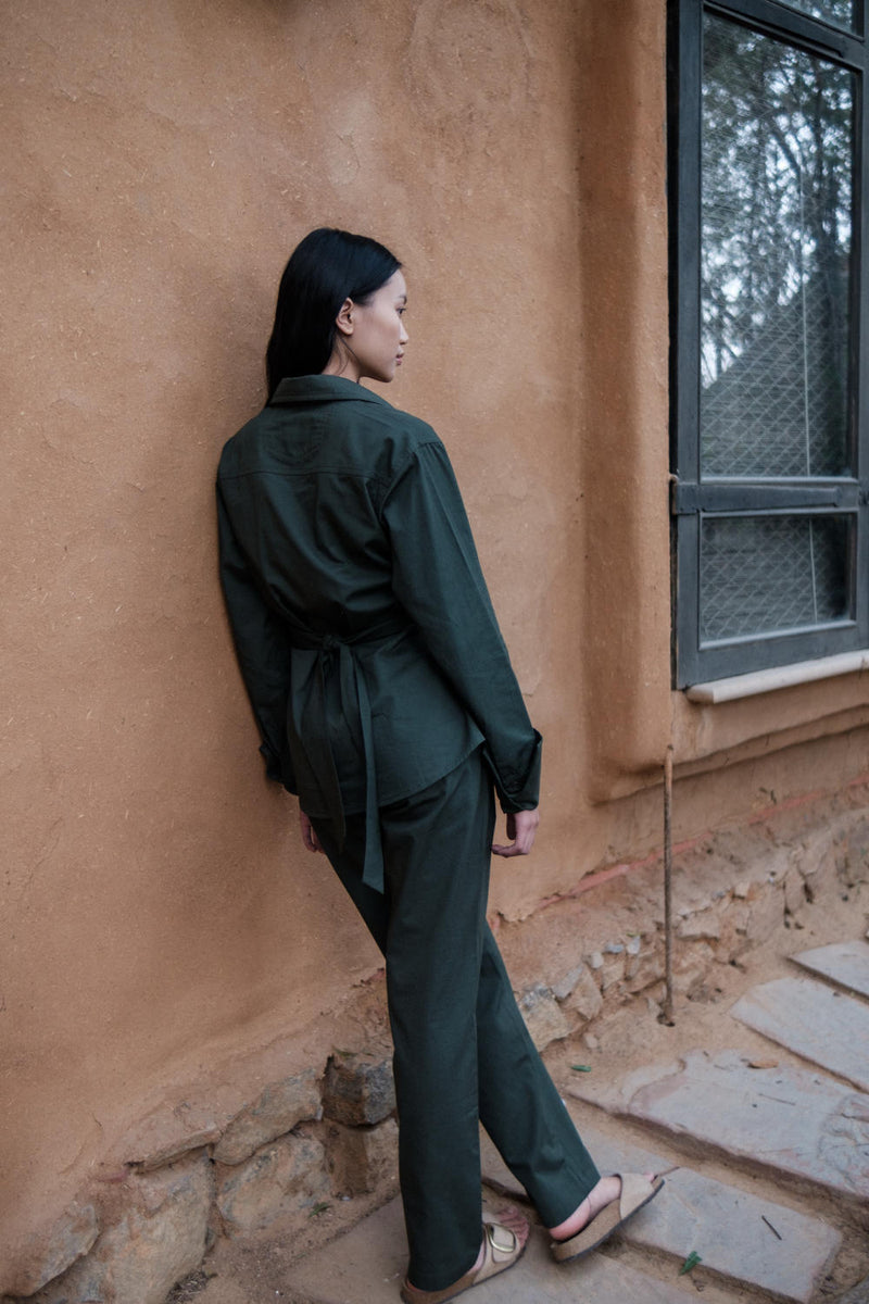 Sandra Straight Pants-Deep Green cotton by The Terra Tribe in green color for women Worldwide