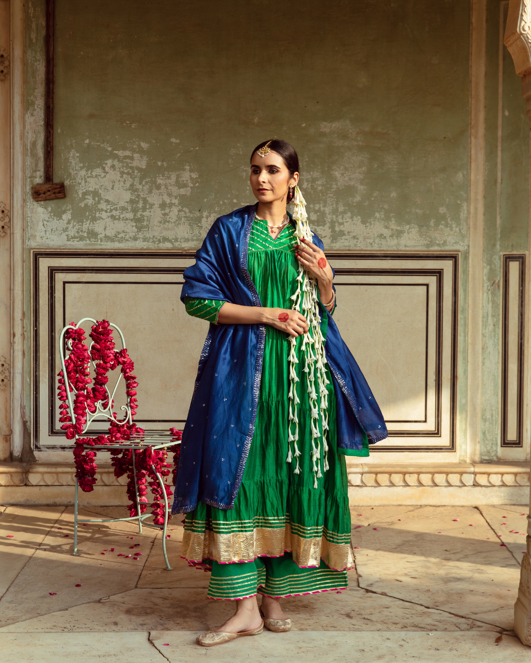 Green & Blue Chanderi Silk Embroidered Tiered Kurta Set