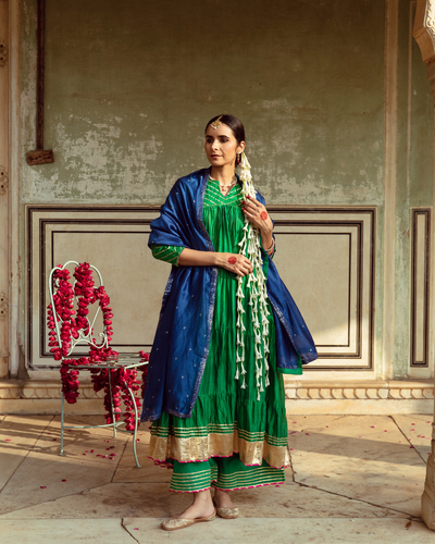 Green & Blue Chanderi Silk Embroidered Tiered Kurta Set