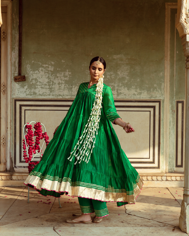 Green & Blue Chanderi Silk Embroidered Tiered Kurta Set silk by Maison Shefali in multi color for women Worldwide