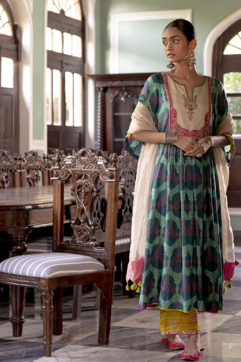 Fariba Teal Green Ivory Yoke Kurta Set Kurta Sets by Rajiramniq for women Worldwide