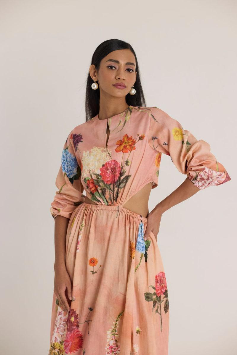 BUTTERCUP BOTH SIDE CUT DRESS satin by Yam in peach color for women Worldwide