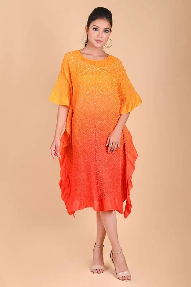 SUNFLOWER KAFTAN-YELLOW ORANGE SHADED silk by Dyelogue in multi color for women Worldwide