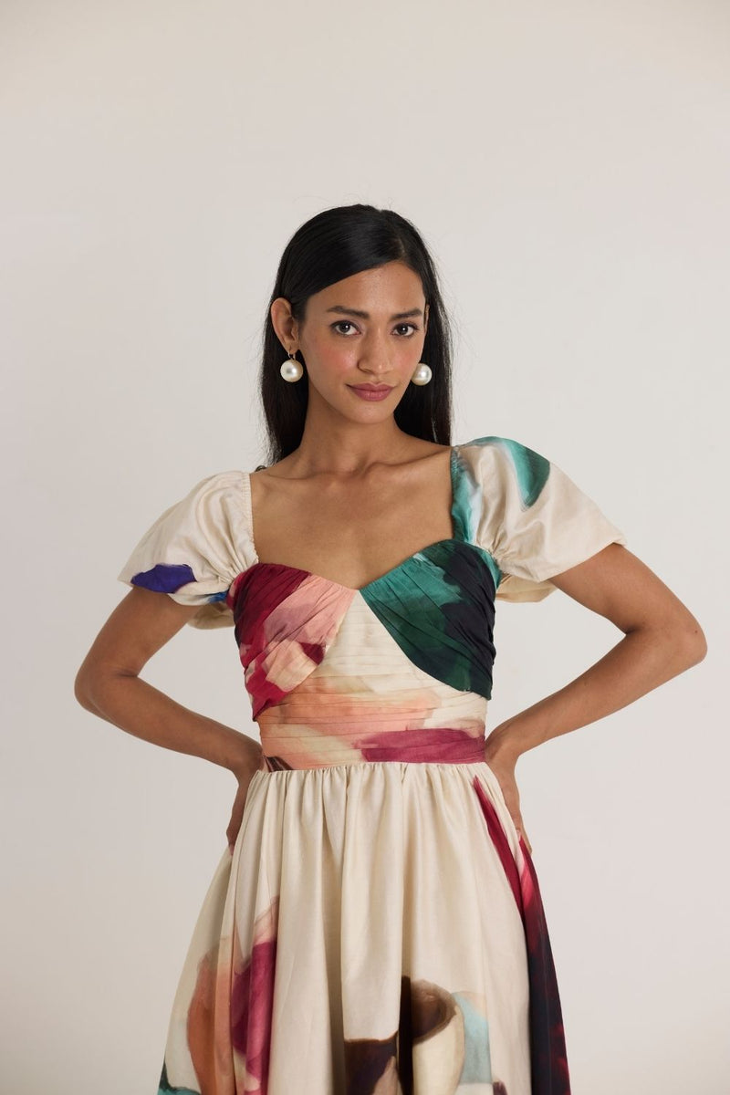 LILA PUFF SLEEVE DRESS satin by Yam in white color for women Worldwide