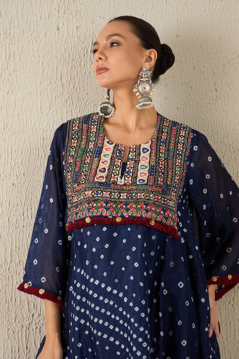 AFGHANI BANDHANI SET - Navy Blue silk by Aavidi in yellow color for women Worldwide
