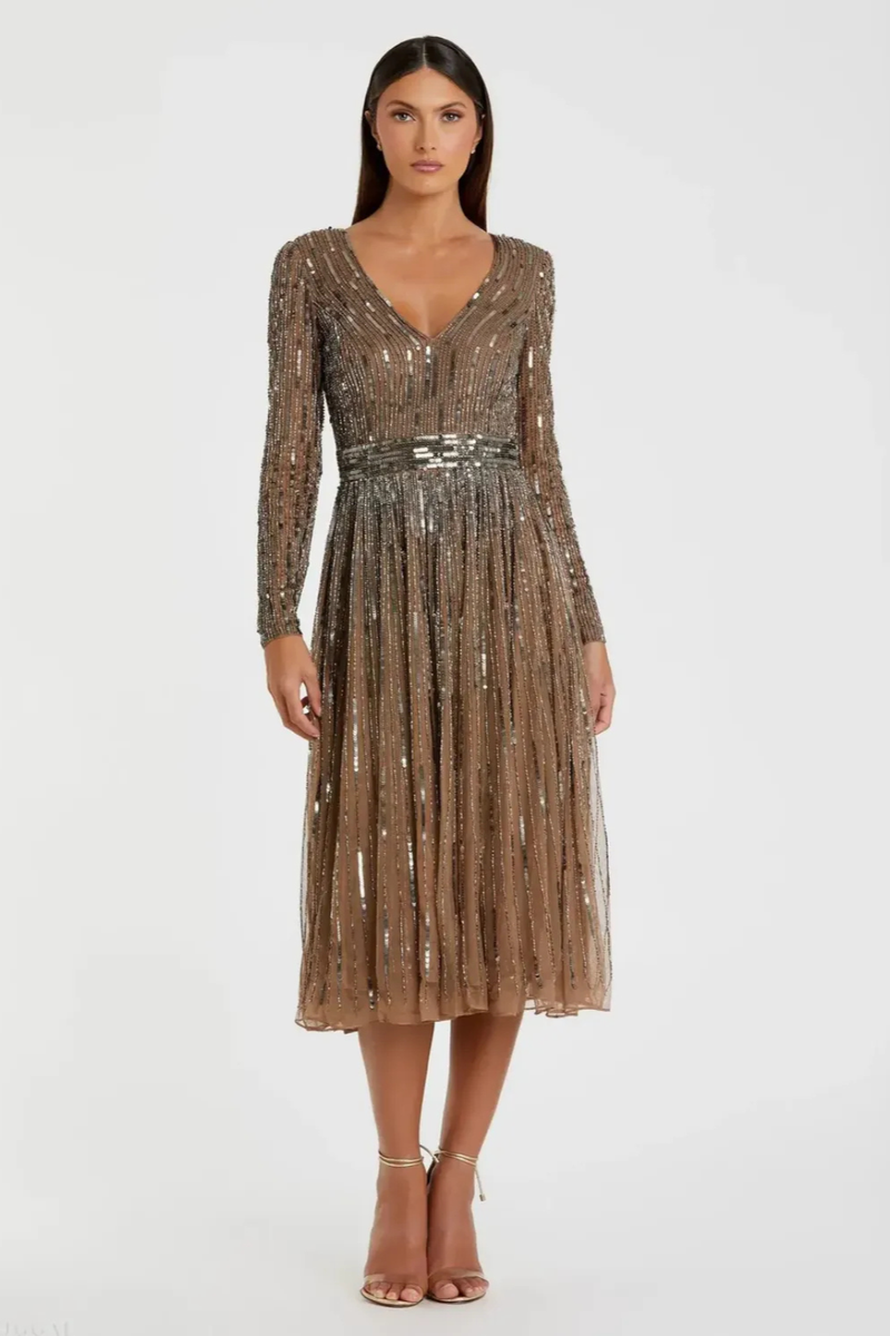 Brown Long Sleeve Tea Length Dress by Mac Duggal for women Worldwide