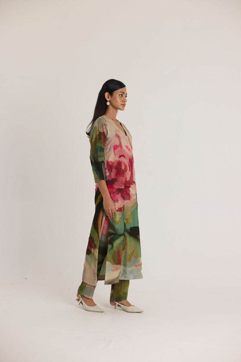 TILLY EMROIDERED LONG V NECK KURTA SET mul by Yam in multi color for women Worldwide