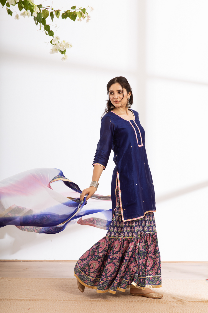 Rasika Neela Sharara Set - blue hand block printed chanderi sharara set chanderi by Maison Shefali in blue color for women Worldwide