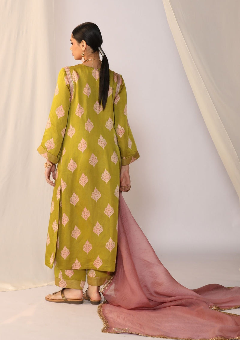 Block printed satin kurta set with organza dupatta satin by Myoho in green color for women Worldwide