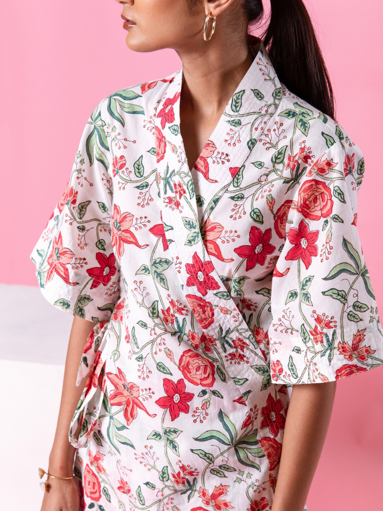 Pink Dahlia Kimono Co-Ord Co-ord Set by Marche in white color for women Worldwide