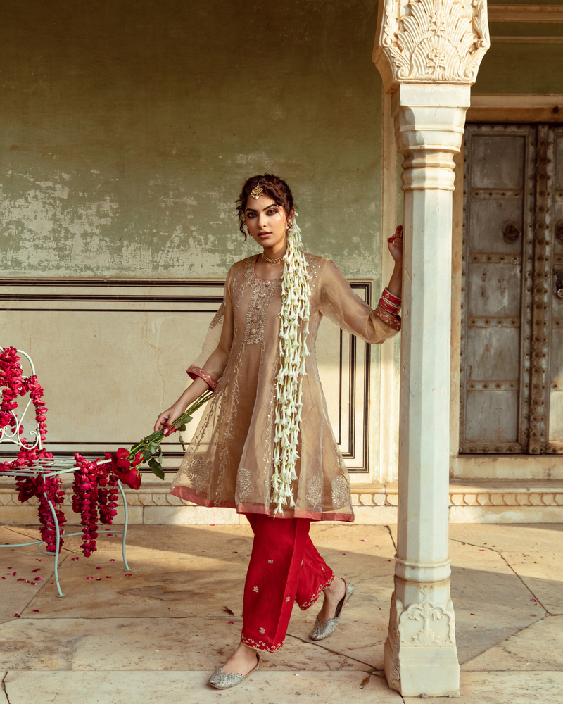 Golden Tissue Silk Kurta Set silk by Maison Shefali in multi color for women Worldwide