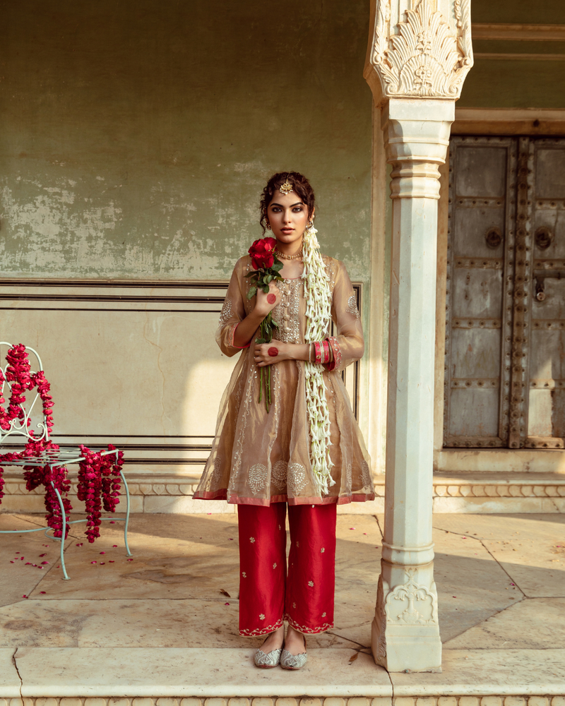 Golden Tissue Silk Kurta Set silk by Maison Shefali in multi color for women Worldwide