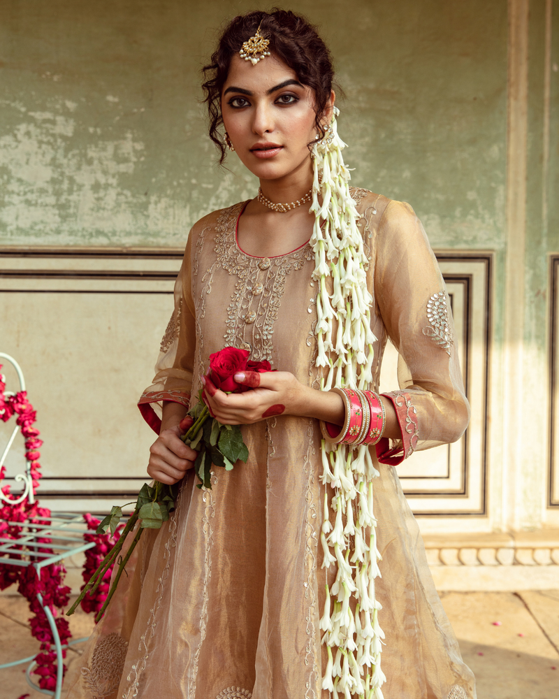 Golden Tissue Silk Kurta Set silk by Maison Shefali in multi color for women Worldwide
