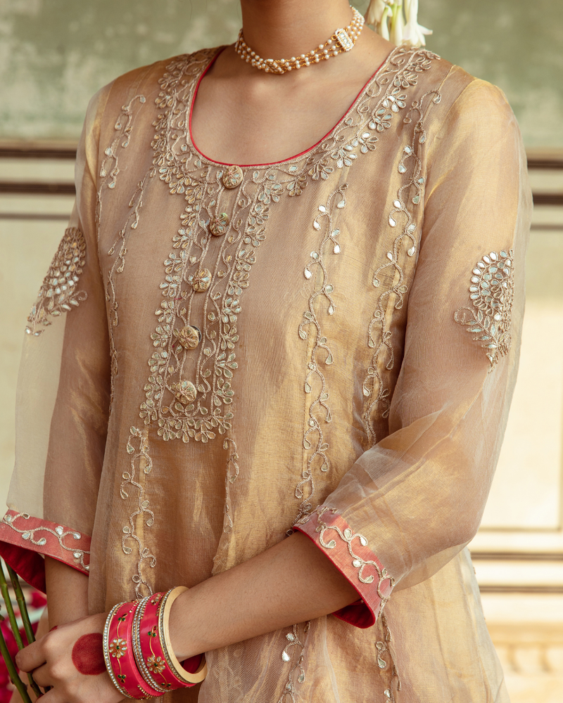 Golden Tissue Silk Kurta Set silk by Maison Shefali in multi color for women Worldwide